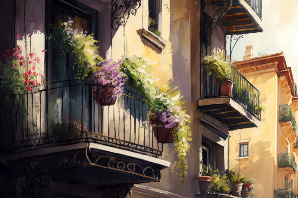 balcony with potted plants and hanging baskets, overlooking busy downtown street, generative ai