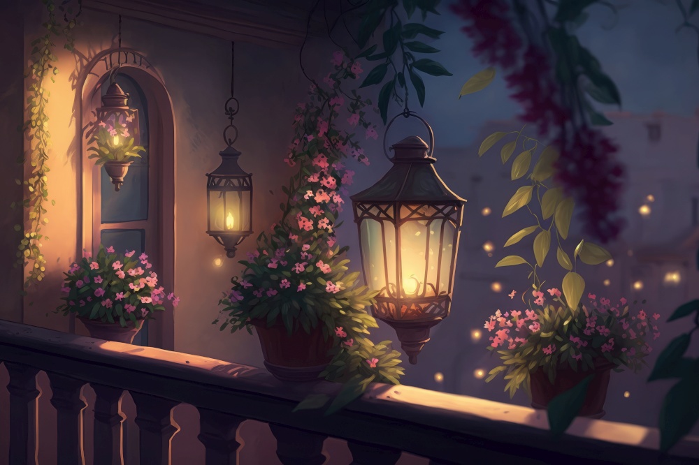 balcony with potted flowers and hanging lanterns in the evening, generative ai