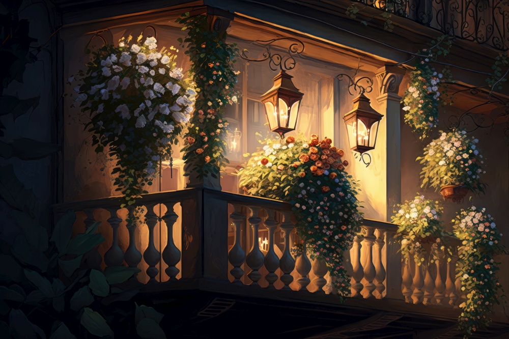 balcony with potted flowers and hanging lanterns in the evening, generative ai