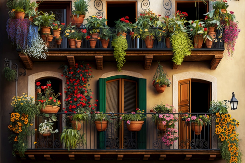 balcony with hanging pots of flowers in a vertical garden, generative ai