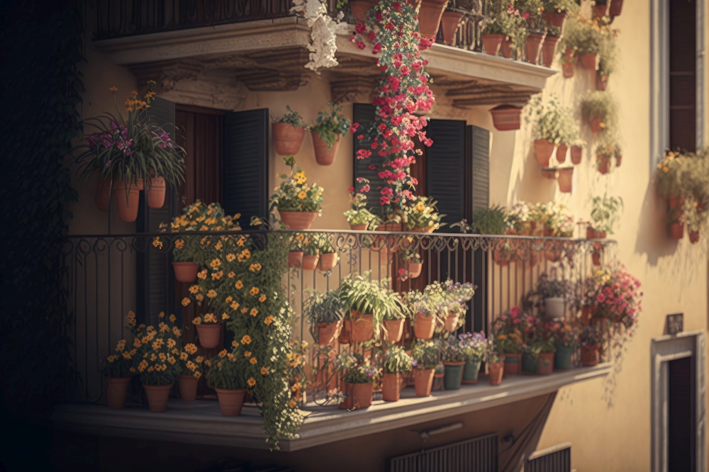 balcony with hanging pots of flowers in a vertical garden, generative ai