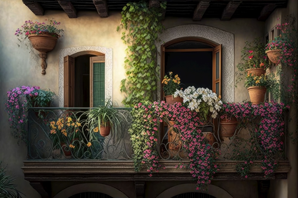 balcony with greenery and potted flowers on fa???? ?? ??? ?????? ?????????? ???