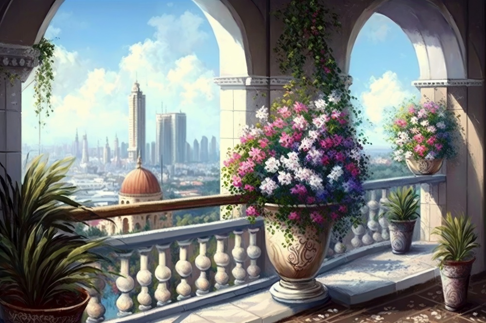 beautiful balcony with potted flowers and view of the city skyline, generative ai