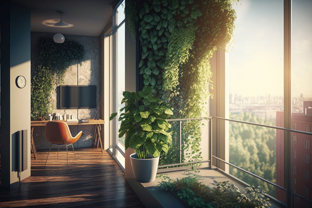 modern apartment house with balcony garden and view of the city, generative ai