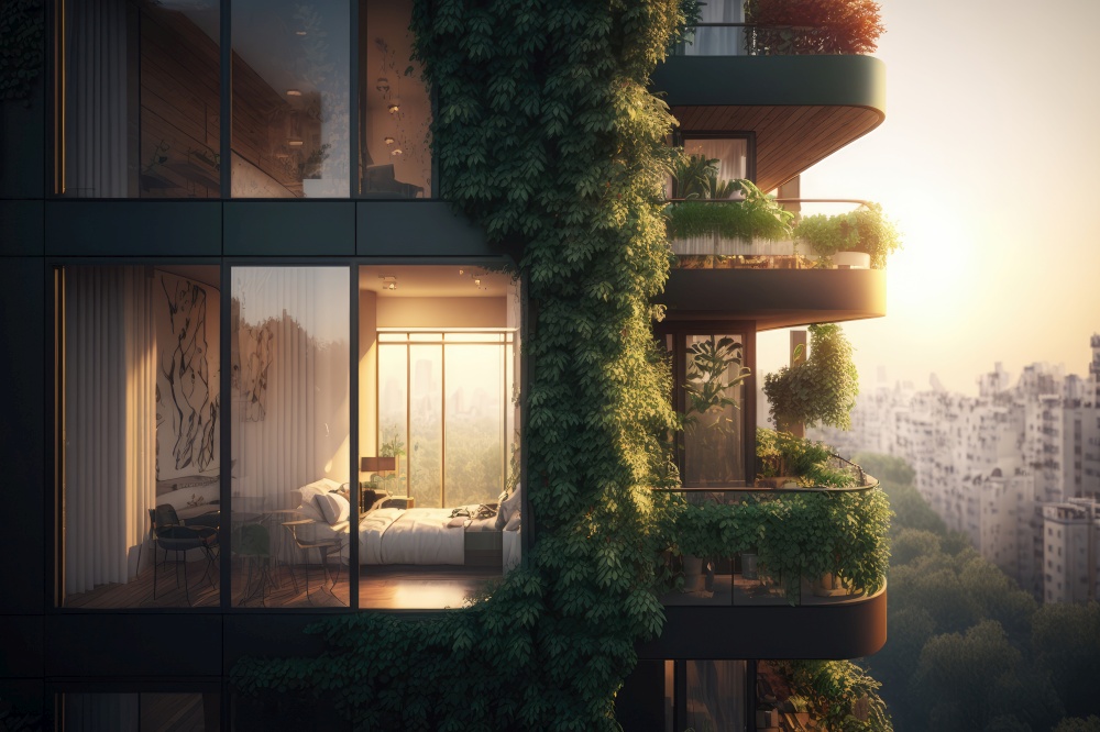 modern apartment house with balcony garden and view of the city, generative ai