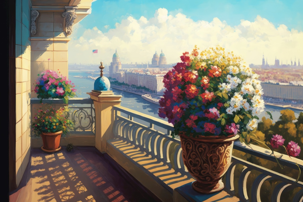 balcony with potted flowers and view of the city in the background, generative ai