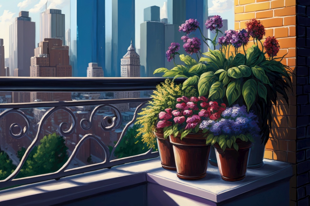 balcony with potted flowers and view of the cityscape, generative ai
