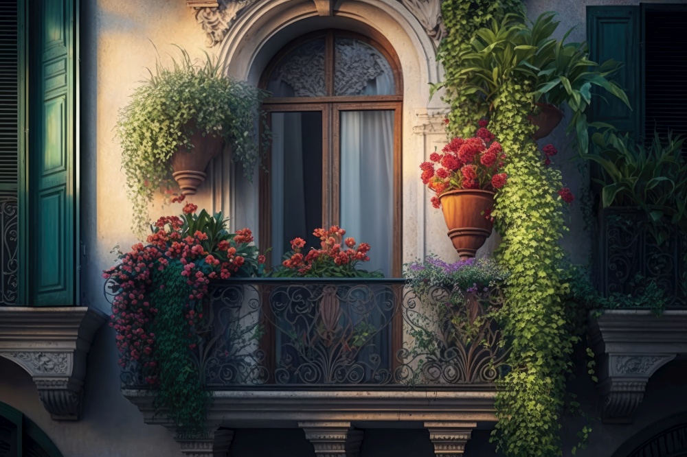 balcony with potted flowers and lush green plants on fa????? ?????????? ???