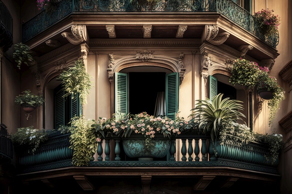 balcony with potted flowers and lush green plants on fa????? ?????????? ???