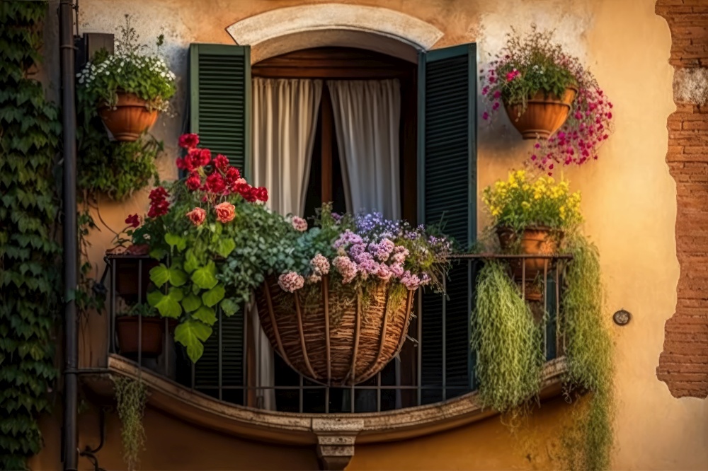 balcony with hanging basket of blooming plants, generative ai