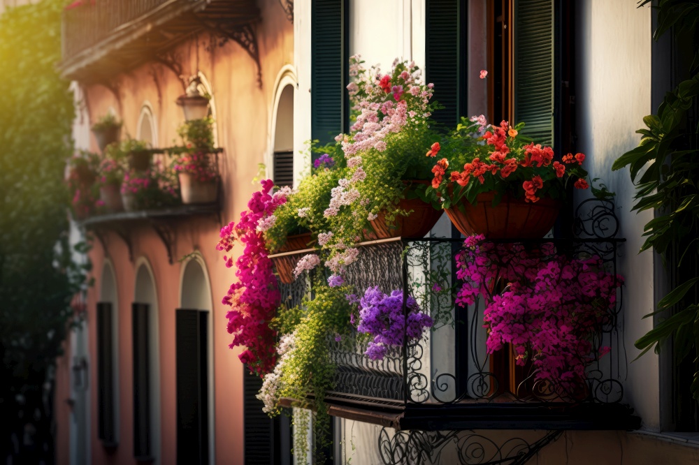 balcony with hanging basket of blooming plants, generative ai