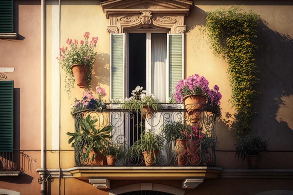 balcony with potted flowers and open window on fa???? ?? ?????? ????????? ????????? ?????????? ???