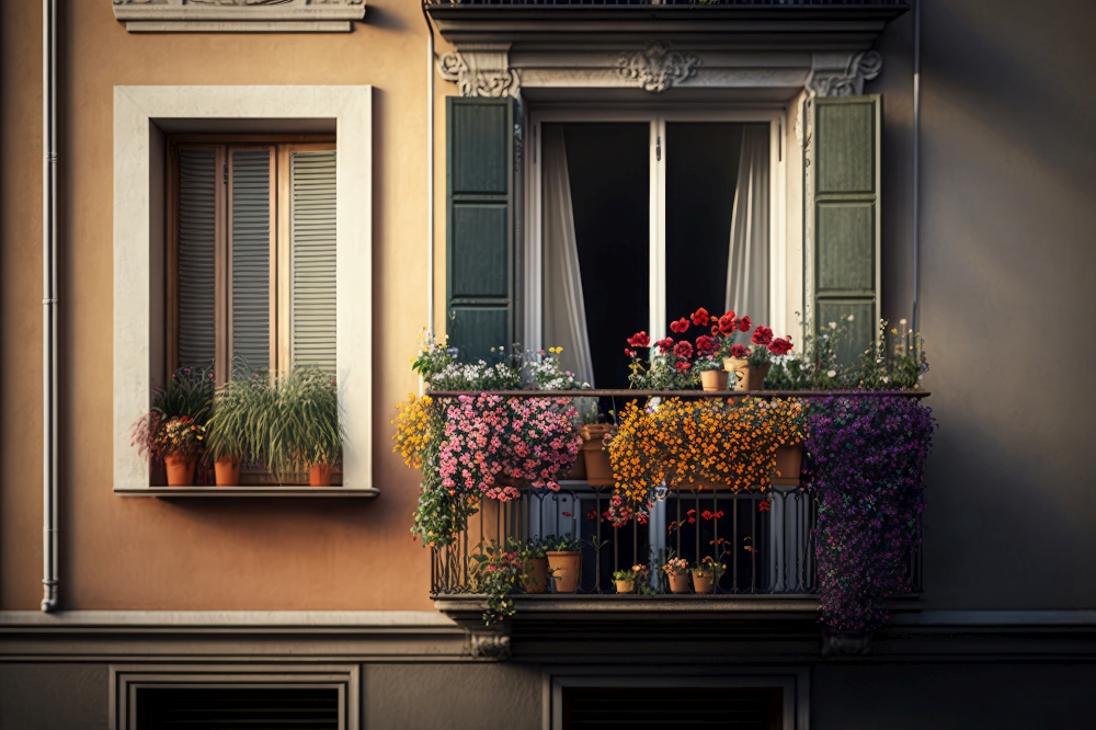 balcony with potted flowers and open window on fa???? ?? ?????? ????????? ????????? ?????????? ???