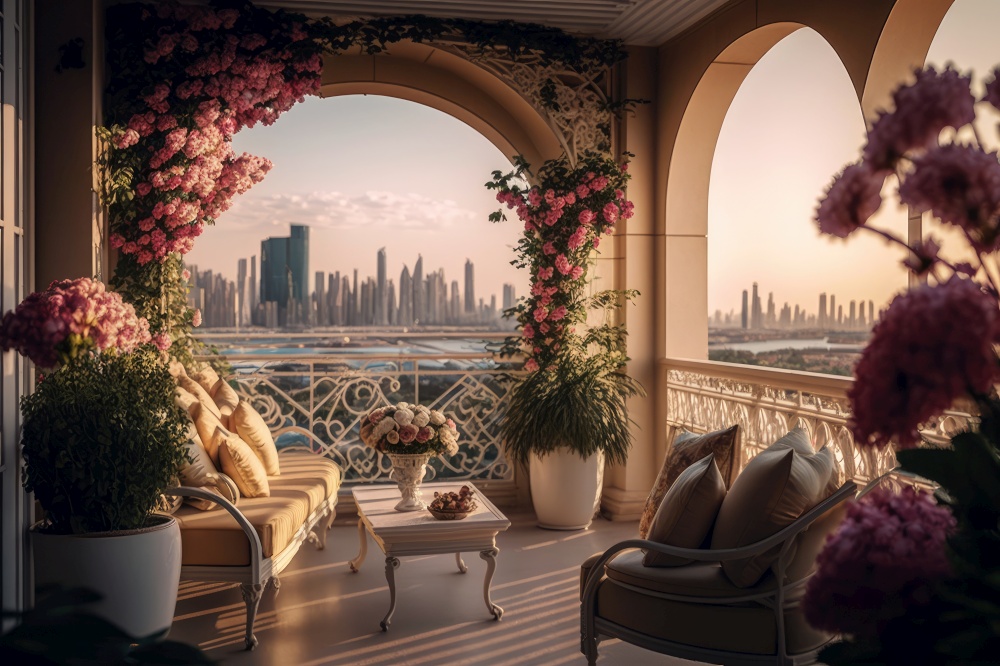 luxurious penthouse, with balcony filled with colorful blooms and breathtaking city views, generative ai
