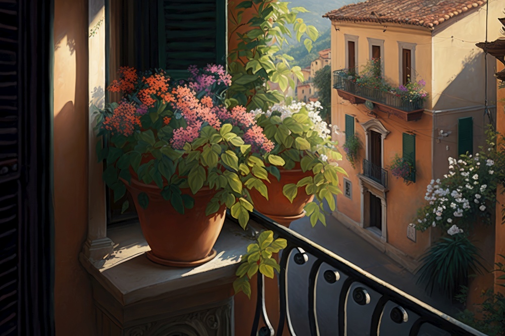 balcony with potted flowers and view of busy street below, generative ai