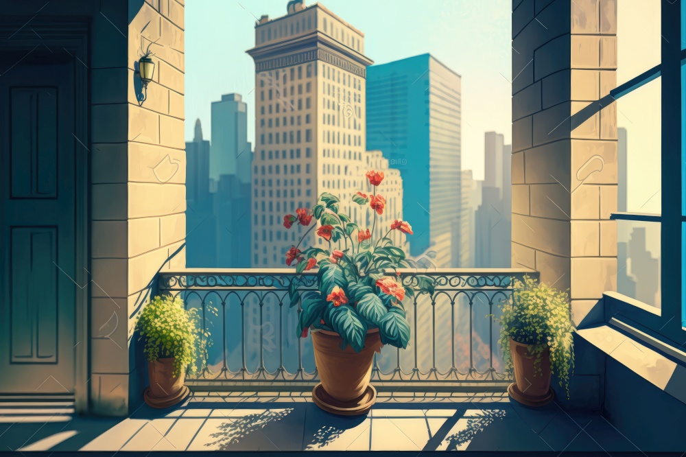 balcony with potted flowers on fa???? ??? ???? ?? ???????? ???????????? ?????????? ???