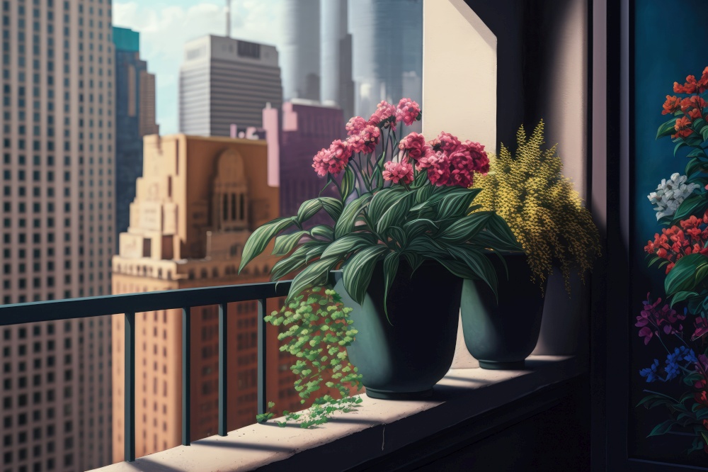 balcony with potted flowers on fa???? ??? ???? ?? ???????? ???????????? ?????????? ???