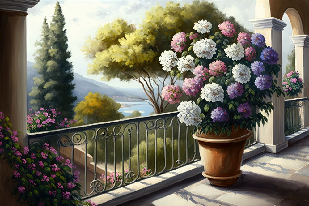 balcony with potted flowers and view of garden landscape in the background, generative ai