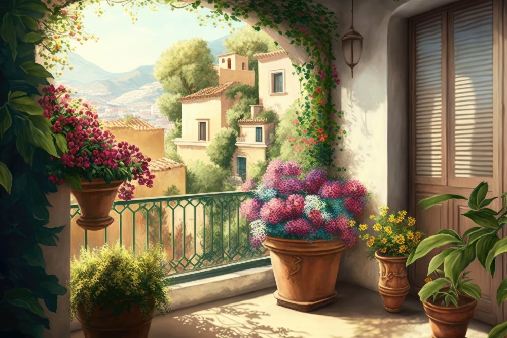 balcony with potted flowers and view of garden landscape in the background, generative ai