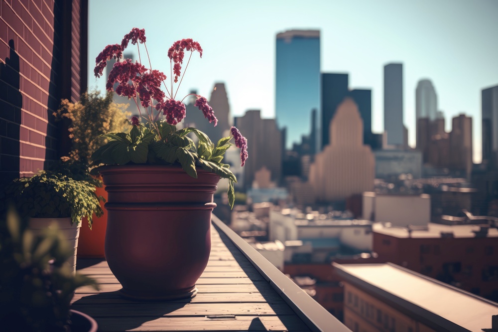 rooftop balcony with potted flowers and city skyline in the background, generative ai