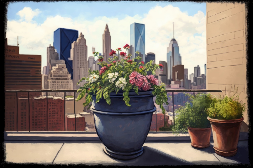 rooftop balcony with potted flowers and city skyline in the background, generative ai