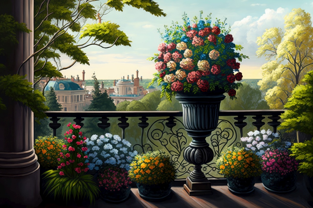 balcony with potted flowers, view of the city park and greenery, generative ai