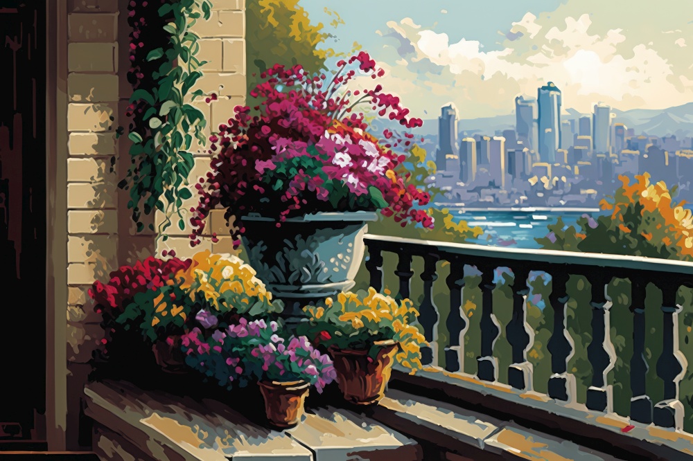 balcony with potted flowers and view of the city skyline, generative ai