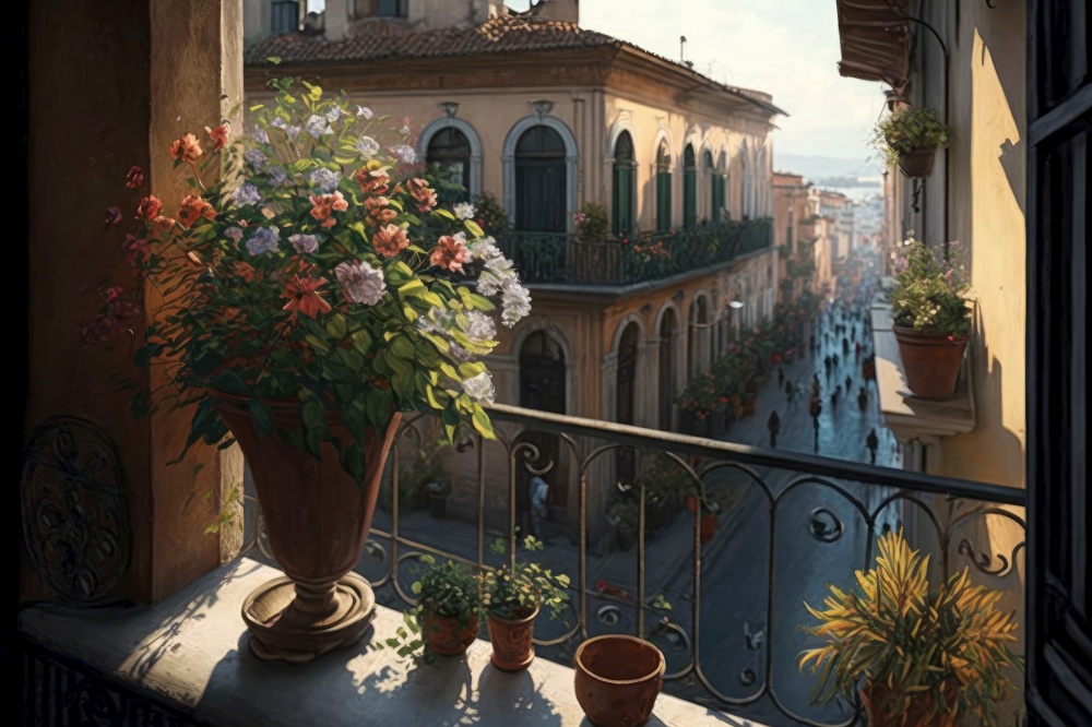balcony with potted flowers and view of bustling street below, generative ai