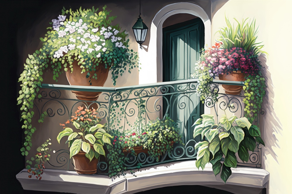 balcony with hanging plants and potted flowers on the railing, generative ai