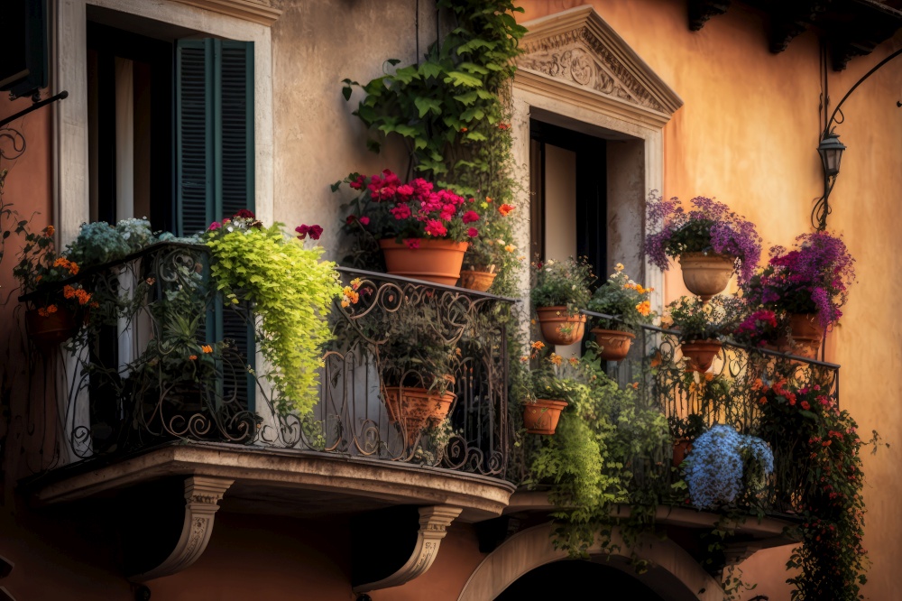 balcony with hanging plants and potted flowers on the railing, generative ai