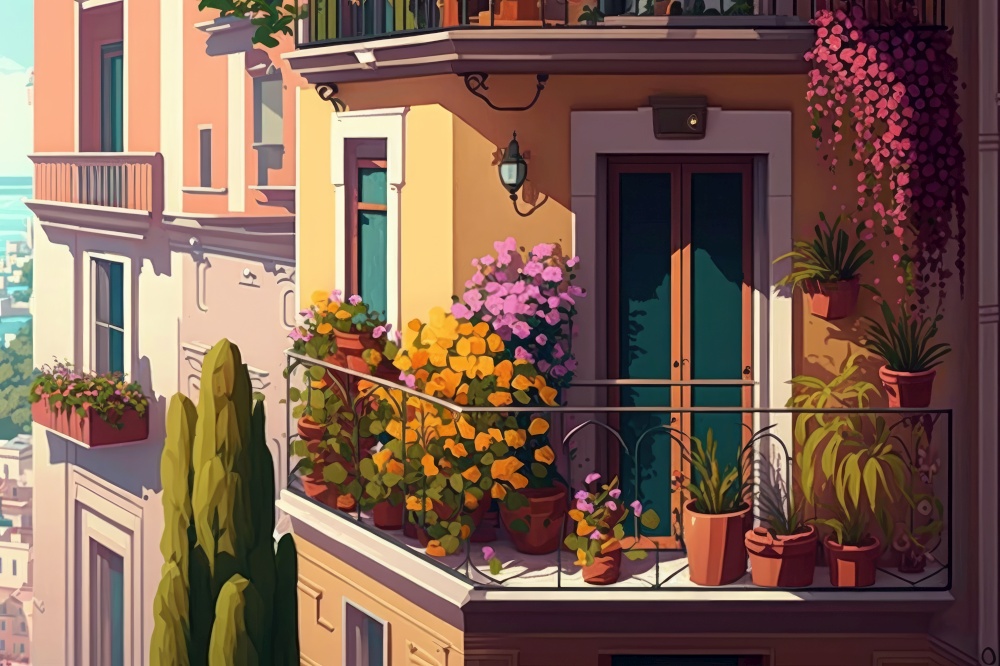 balcony with potted flowers and view of the bustling city ==> balcony with potted flowers on fa???? ?? ?????? ????????? ????????? ?????????? ???