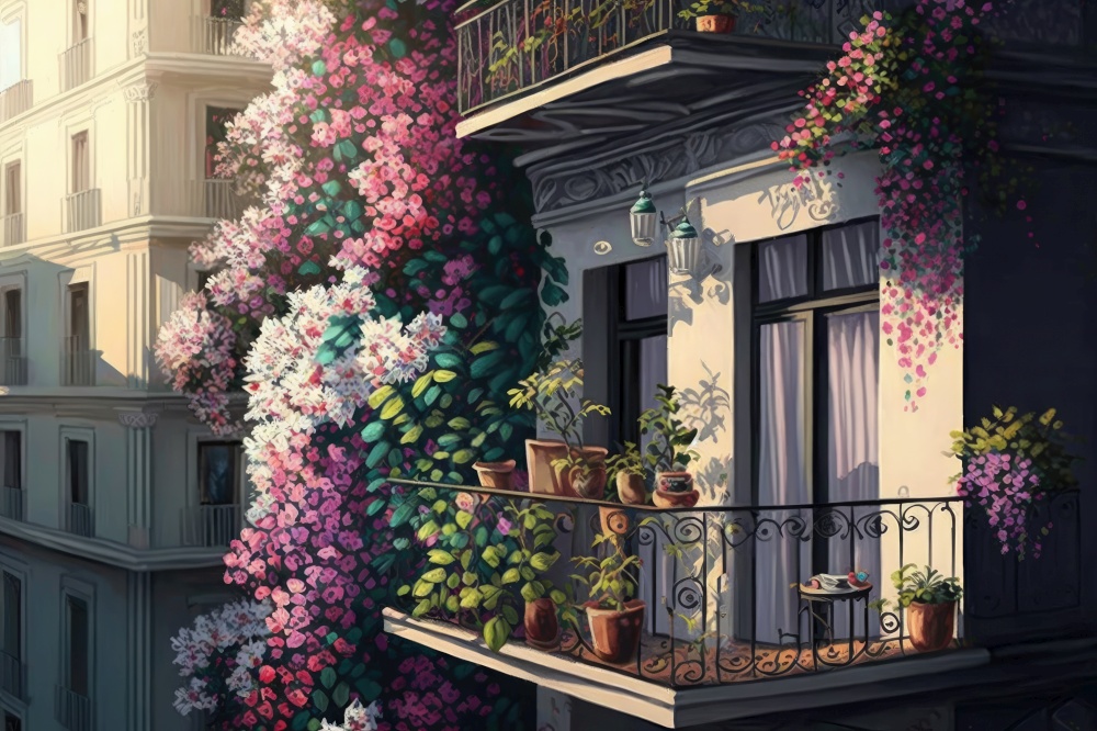 balcony with potted flowers and view of the bustling city ==> balcony with potted flowers on fa???? ?? ?????? ????????? ????????? ?????????? ???