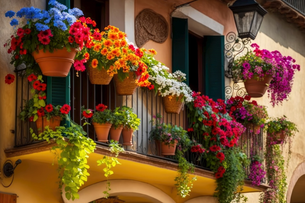 balcony with hanging baskets of flowers, blooming and fragrant, generative ai