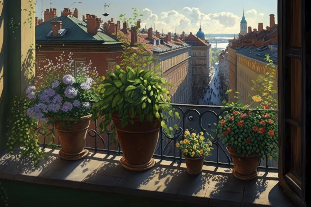 balcony with potted flowers, view of the bustling city center, generative ai