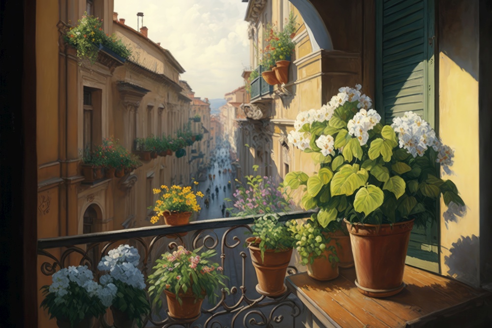 balcony with potted flowers, view of the bustling city center, generative ai