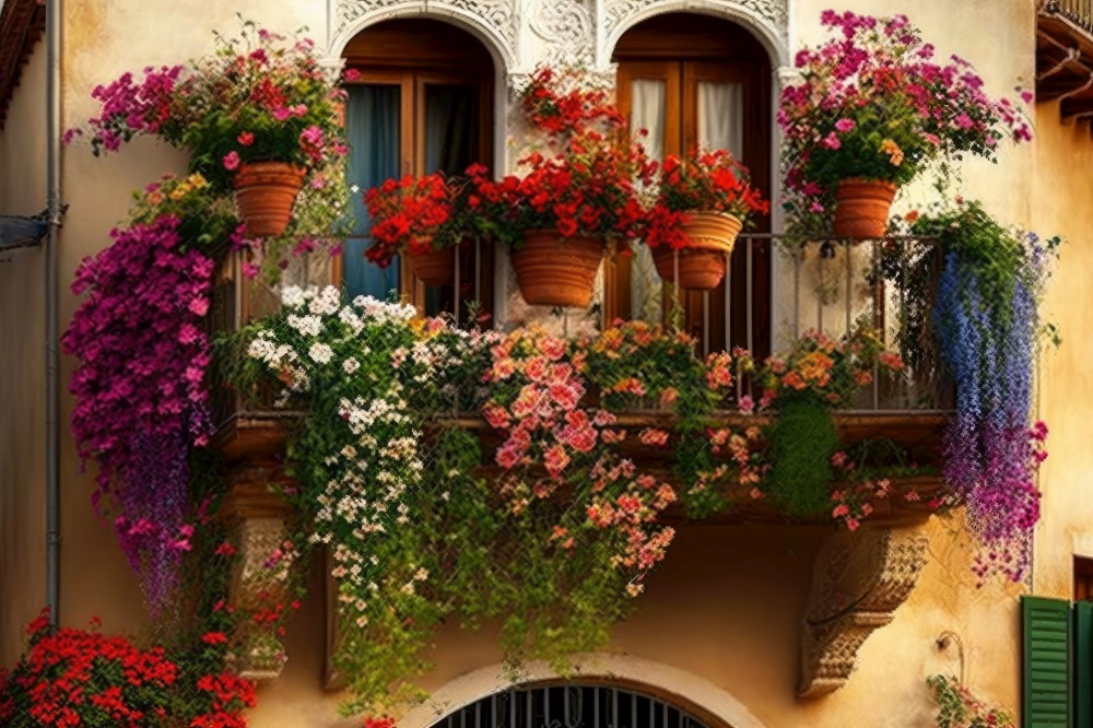 balcony with hanging basket of flowering plants on fa???? ??? ??????? ???? ???????? ?????? ?? ???????? ???????? ????? ??? ?????????? ?? ???§ade, generative ai