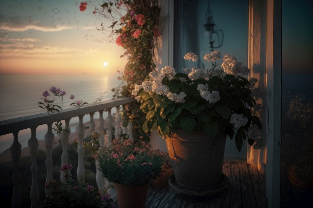 balcony with potted flowers, sunrise in the horizon, generative ai