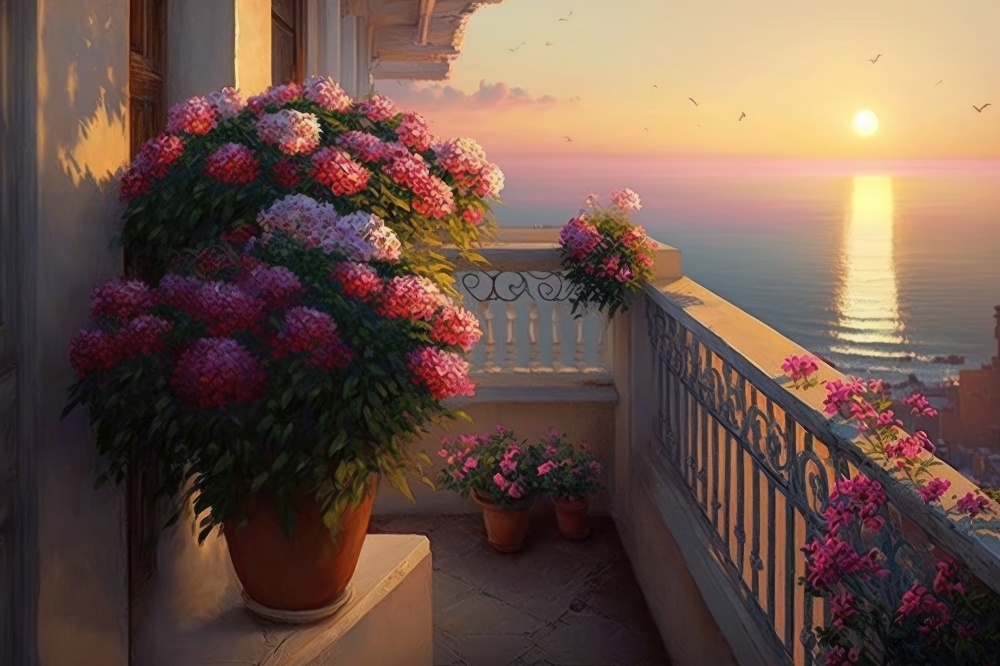 balcony with potted flowers, sunrise in the horizon, generative ai