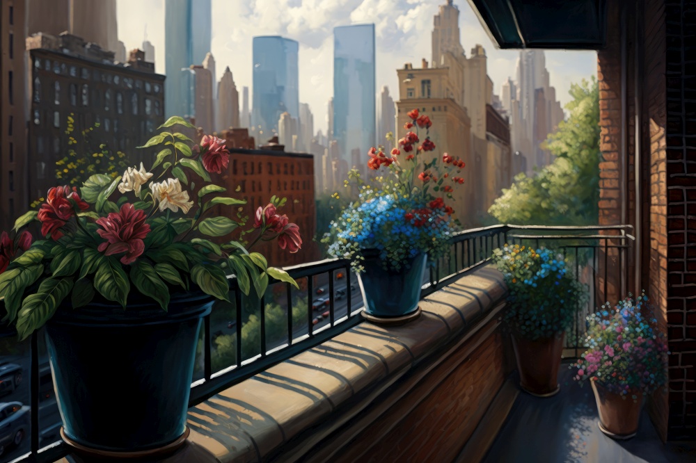 balcony with potted flowers and view of bustling city street, generative ai