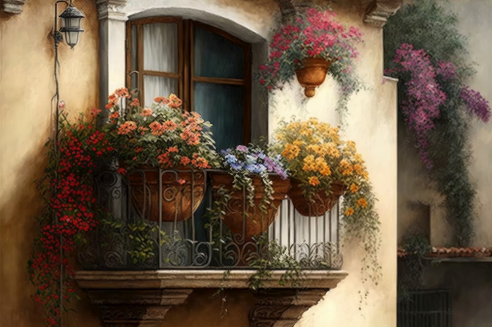 balcony with hanging planter, filled with blooming flowers, generative ai
