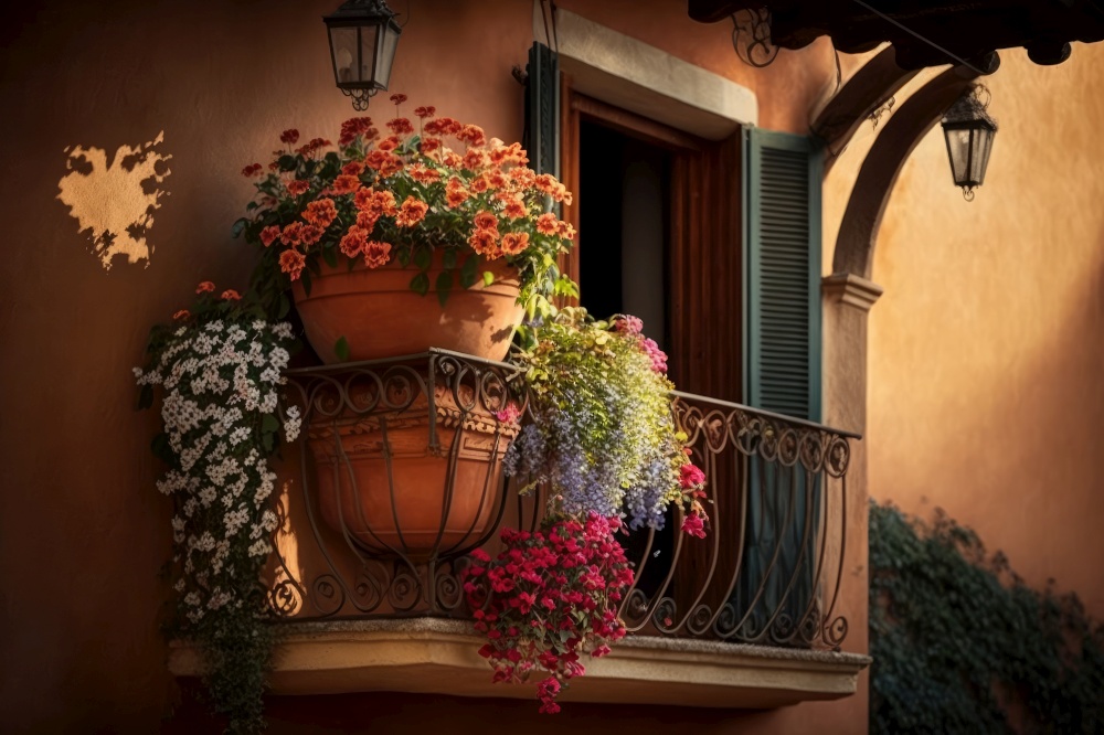 balcony with hanging planter, filled with blooming flowers, generative ai