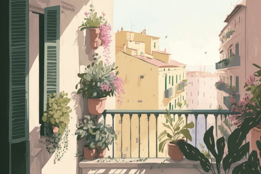 view of the city with balcony and potted flowers, pastel colors, generative ai
