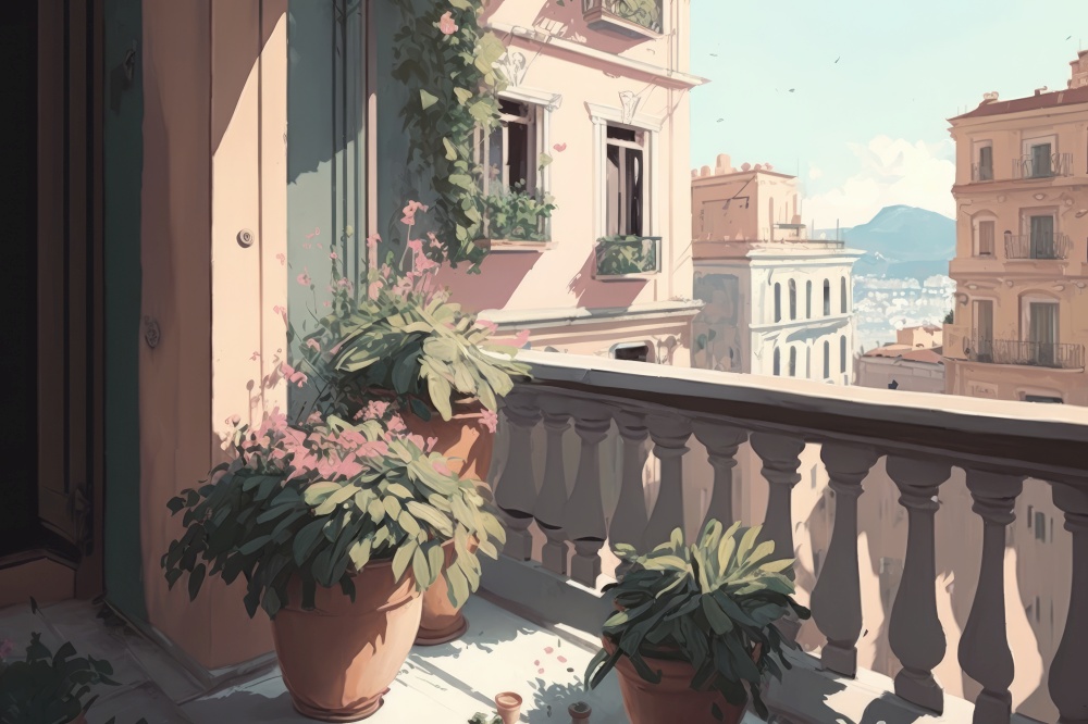 view of the city with balcony and potted flowers, pastel colors, generative ai
