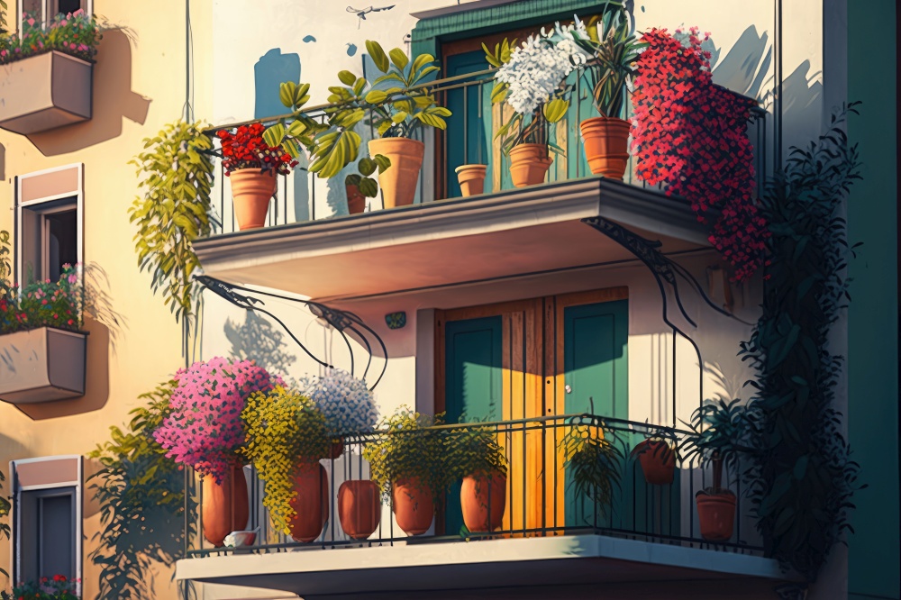 balcony with potted flowers on fa???? ?? ?????? ????????? ????????? ?????????? ???