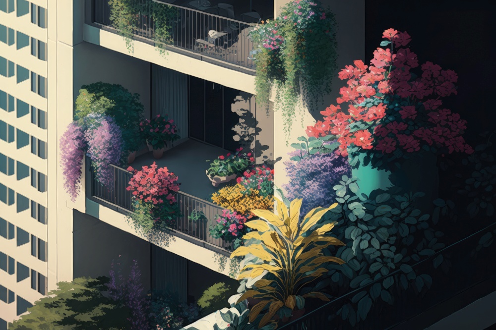 balcony with potted flowers, blooming and in full bloom, against modern high-rise building, generative ai