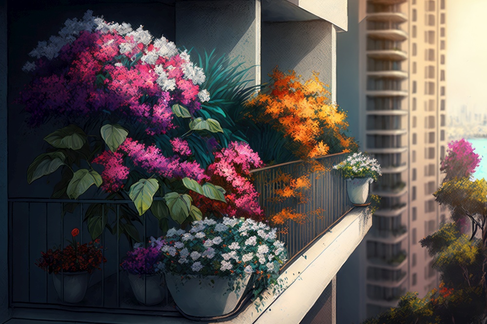 balcony with potted flowers, blooming and in full bloom, against modern high-rise building, generative ai