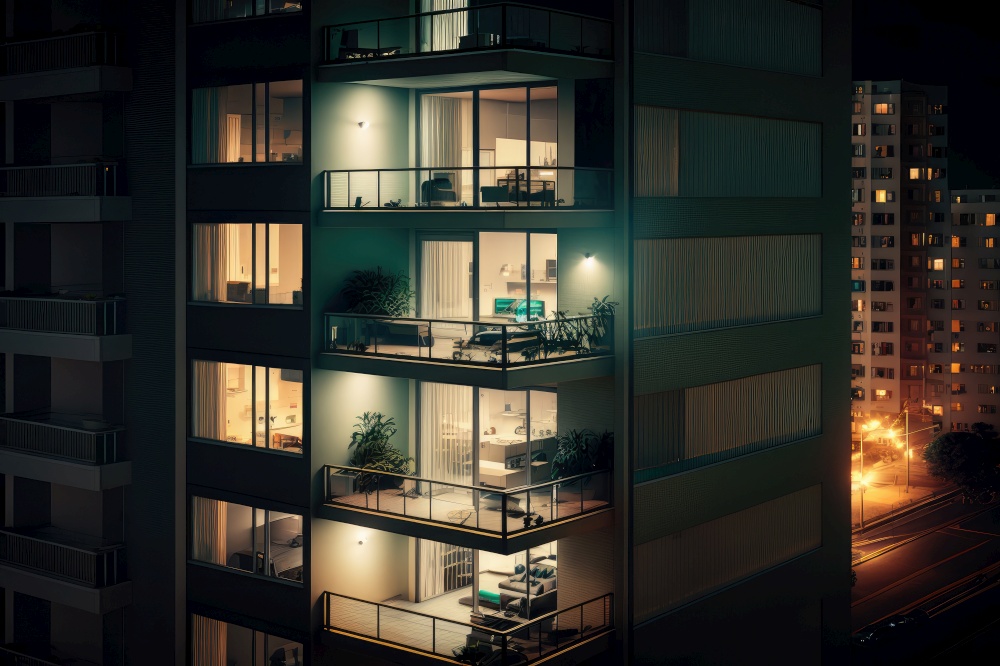 modern apartment building with balcony and view of the city at night, generative ai