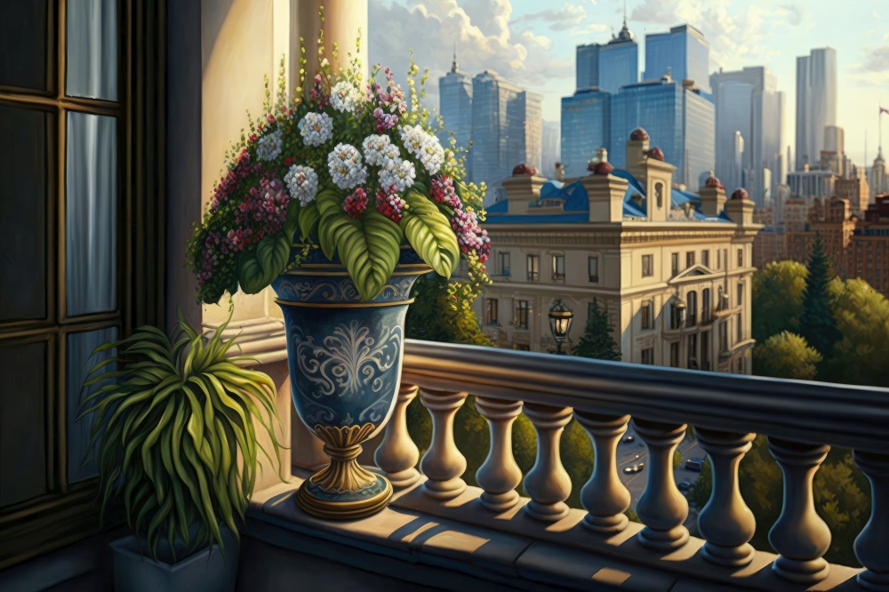 balcony with potted flowers and view of the city skyline on fa????? ?????????? ???