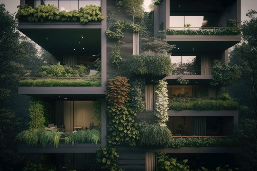 modern apartment building with balcony gardens, vertical gardens and hanging plants, generative ai