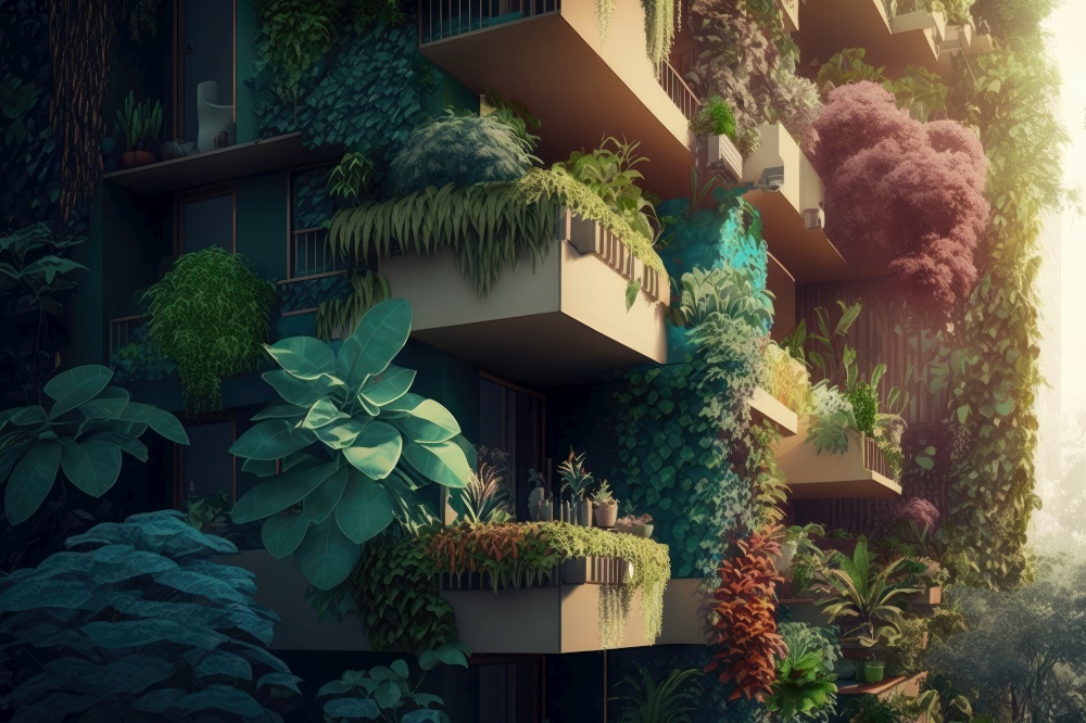 modern apartment building with balcony gardens, vertical gardens and hanging plants, generative ai